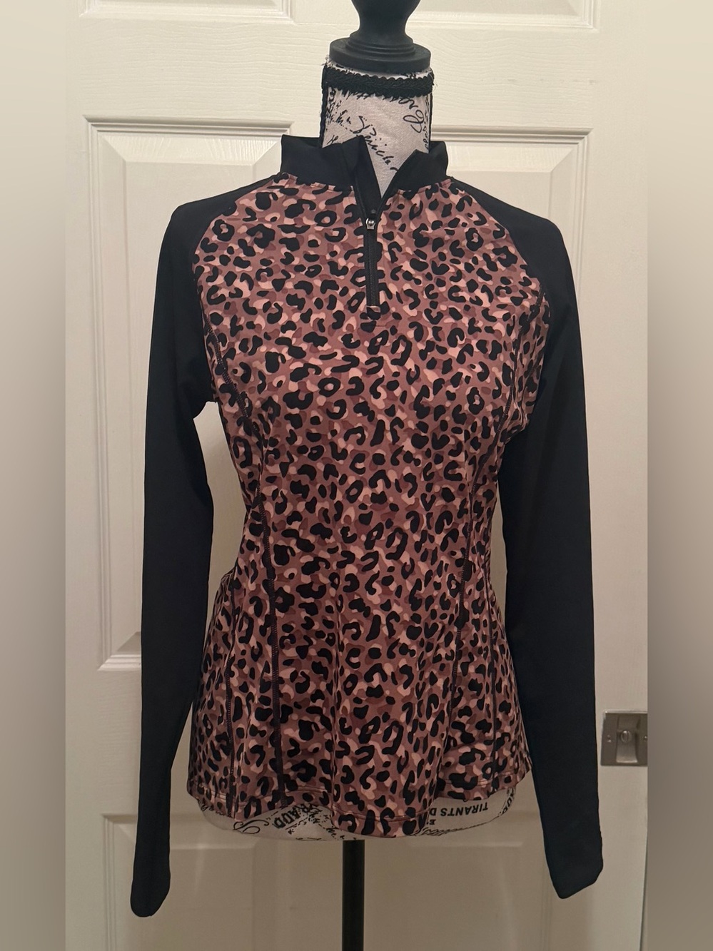 UPF 50 Leopard Print Long Sleeve Quarter-Zip Rash Guard Shirt - Tan/Black/Brown